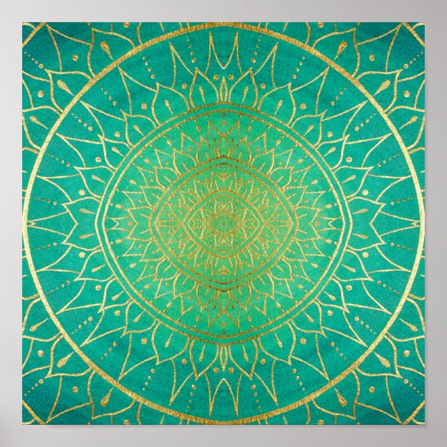 Póster Mandala Emeral Green Gold Colorful (Frente)