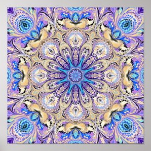 Póster Mandala en papel morado, azul y dorado