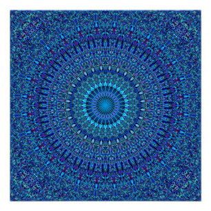 Póster Mandala espiritual azul del jardín de flores