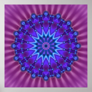 Póster Mandala estrella en azul   flor magenta