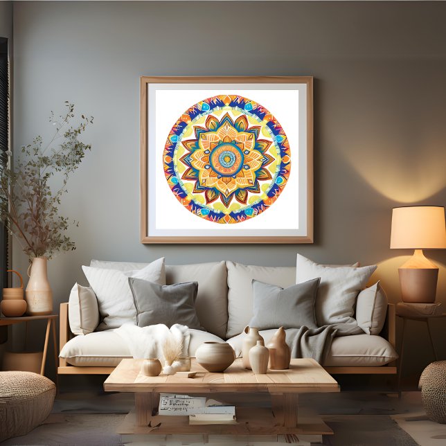 Póster Mandala Flor Magic Blue Watercolor (Mandala Flower Magic Blue Watercolor Poster)