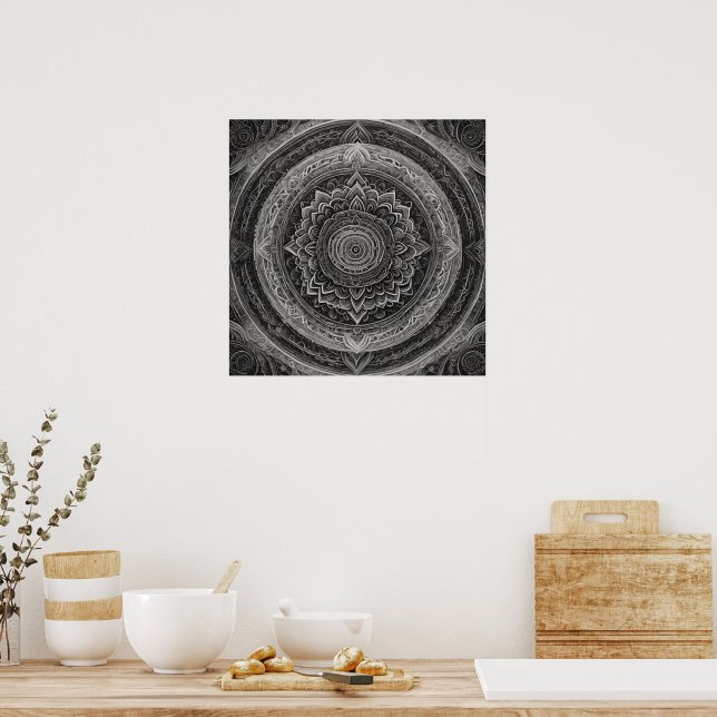 Póster Mandala floral blanca y negra (Cocina)
