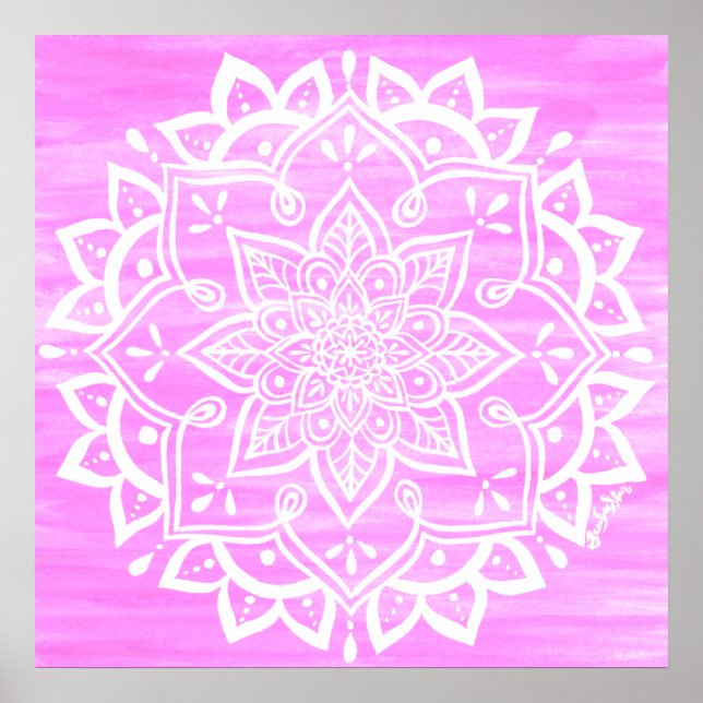 Póster Mandala Floral color de agua blanco rosado (Frente)