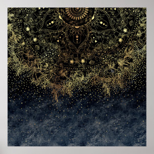 Póster Mandala floral de oro y confeti