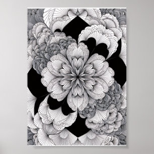 Póster Mandalá Floral Monocromo Elegante Negro y Blanco