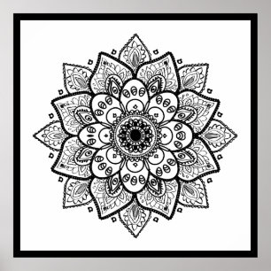 Póster Mandala floral negra en blanco