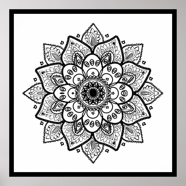 Póster Mandala floral negra en blanco (Frente)