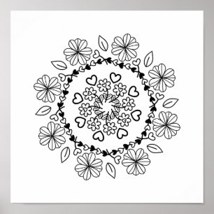 Póster Mándala floral negro simple sobre fondo blanco