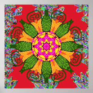 Póster Mandala floral redonda de colores sobre un rojo, v