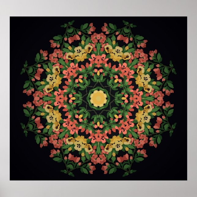 Póster Mandala floral: rojo, amarilla. (Frente)
