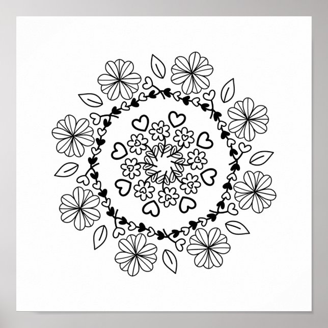 Póster Mandala floral simple negra sobre fondo blanco (Frente)