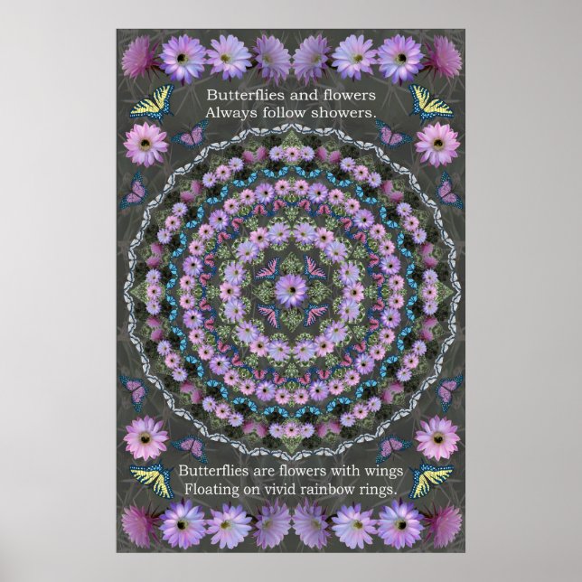Póster Mandala floreciente por la noche con mariposas (Frente)