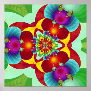 Póster Mandalá fractal caleidoscópico simétrico en vívido