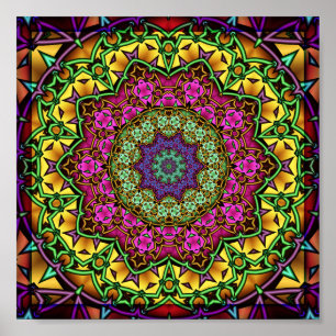 Póster Mandalá geométrico fractal radiante caleidoscopio