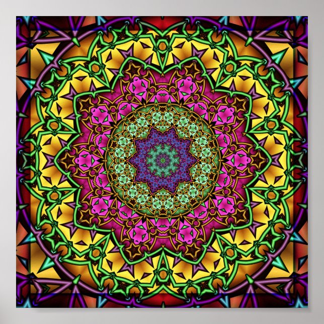 Póster Mandalá geométrico fractal radiante caleidoscopio (Frente)