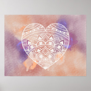 Póster Mandala Heart Soft Peach Purple Watercolor Print