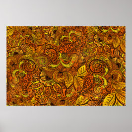 Póster Mandala nature gold tentacles, flowers and leaves.