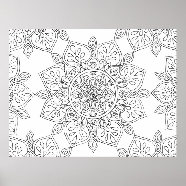 Póster Mandala para colorear la flor blanca negra (Frente)