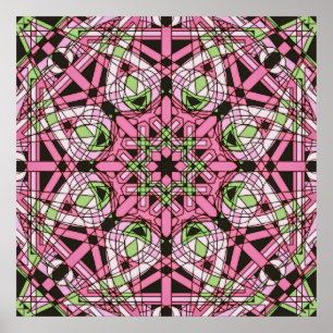 Póster Mandalá psicodélico rosa y verde caleidoscópico