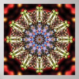 Póster Mandala radiante caleidoscópico en carmesí y dorad