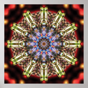 Póster Mandala radiante caleidoscópico en carmesí y dorad