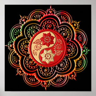 Póster Mándala rojo y dorado