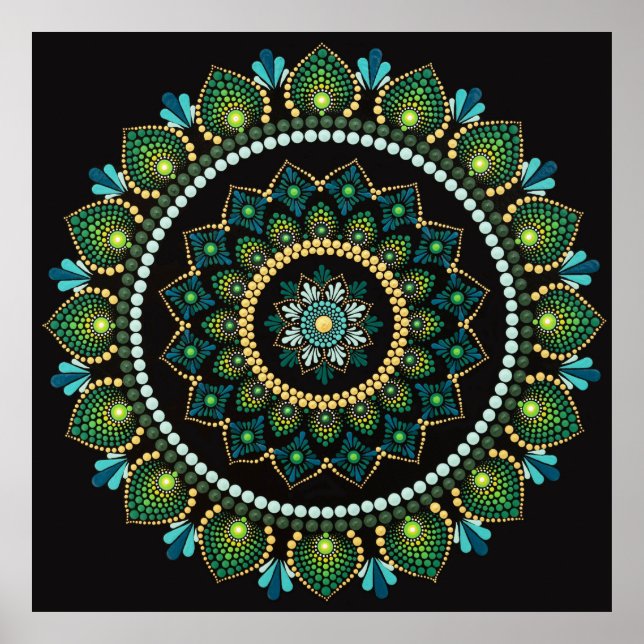 Póster Mandala verde | Pintado a mano | Geometría sagrada (Frente)