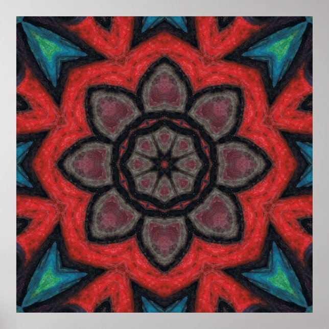 Póster Mandalala de Flor de Caleidoscopio Rojo y Negro en (Frente)
