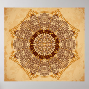 Póster Mandalas, zodiac, círculo ornamental, vintage.