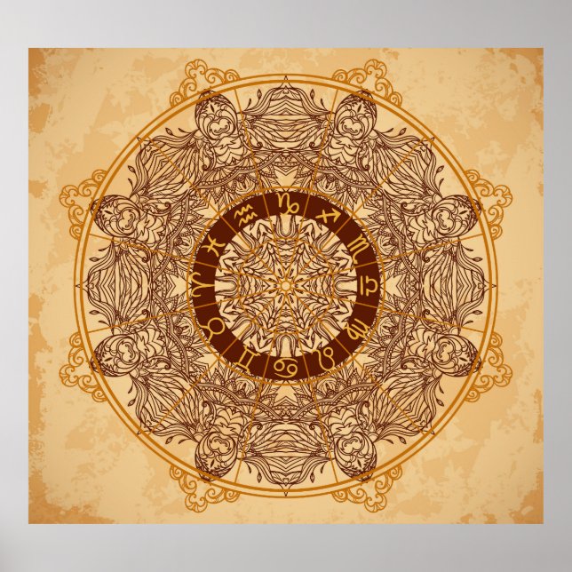 Póster Mandalas, zodiac, círculo ornamental, vintage. (Frente)