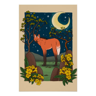 Póster Maned Wolf and Ipe Flower Pillow - Brazilian Anima