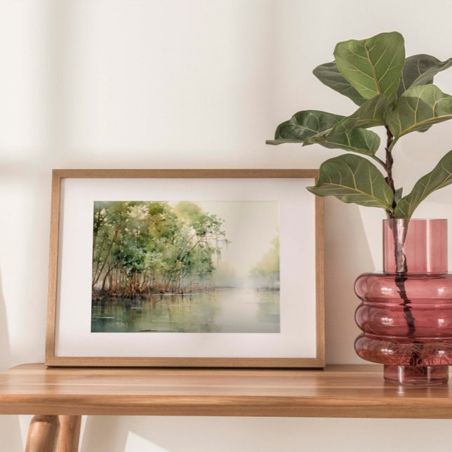 Póster Manglar Marvel: acuarela de los vibrantes manglare (Watercolor print depicting the vibrant beauty of coastal mangroves, where lush greenery meets water.)