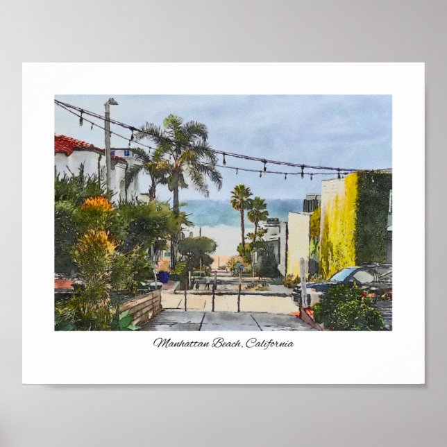 Póster Manhattan Beach, California Watercolor Print (Frente)