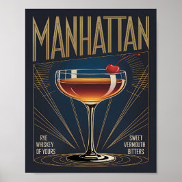 Póster Manhattan Cocktail Art Deco Navy Blue Bar