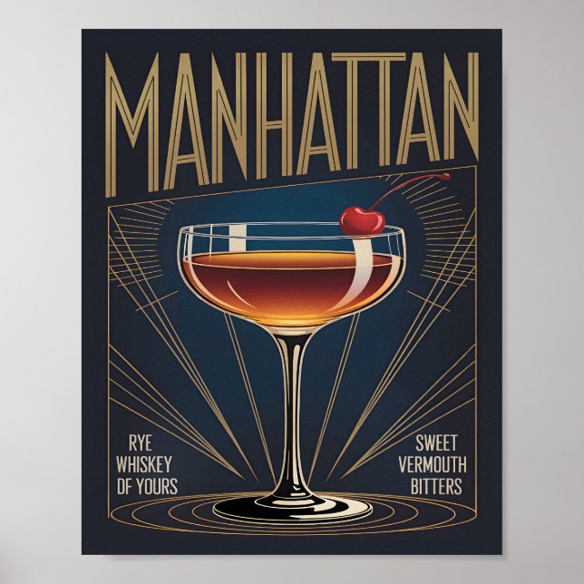 Póster Manhattan Cocktail Art Deco Navy Blue Bar (Frente)