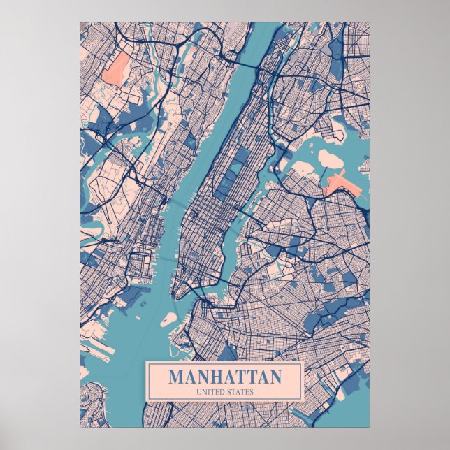 Póster Manhattan - Mapa de la ciudad de Breezy en Estados (Frente)