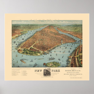 Póster Manhattan, Mapa Panorámico de Nueva York - 1879