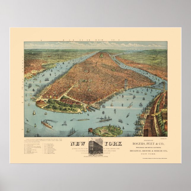 Póster Manhattan, Mapa Panorámico de Nueva York - 1879 (Frente)