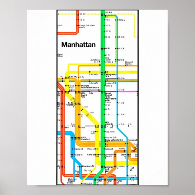 Póster Manhattan New York Nyc Subway Map Retro Rail Trans (Frente)