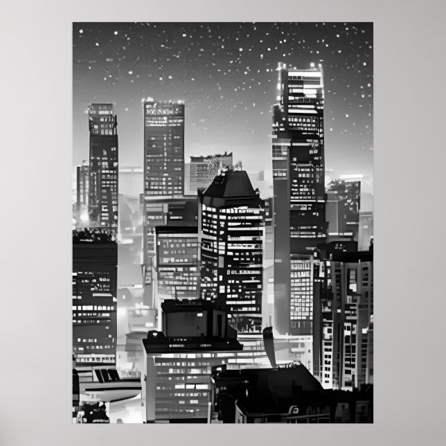Póster Manhattan Under the Stars in Black and White (Frente)