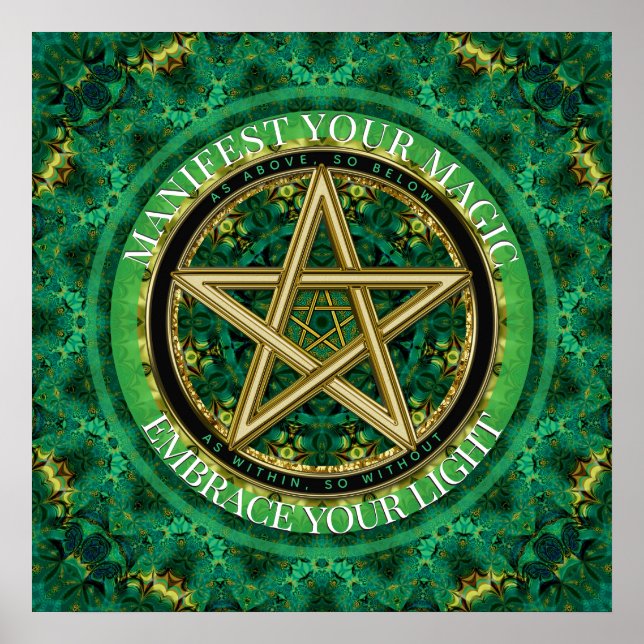 Póster Manifest Your Magic Golden Pentacle Nature Green (Frente)