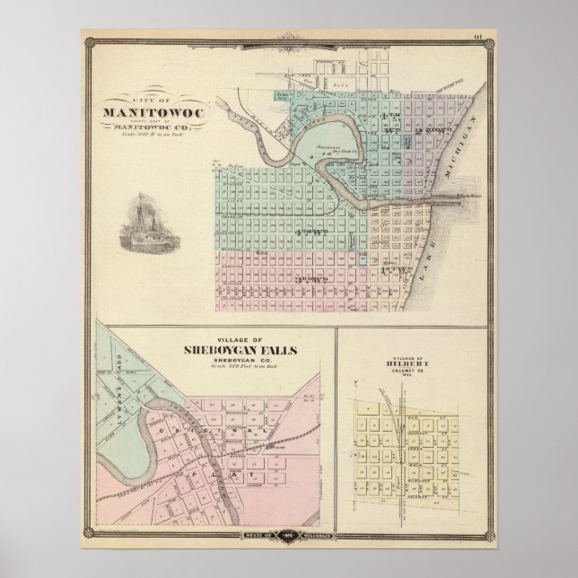 Póster Manitowoc, Sheboygan y Hilbert, Wis (Frente)