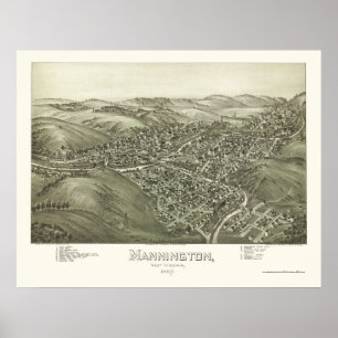 Póster Mannington, WV Mapa Panorámico - 1897