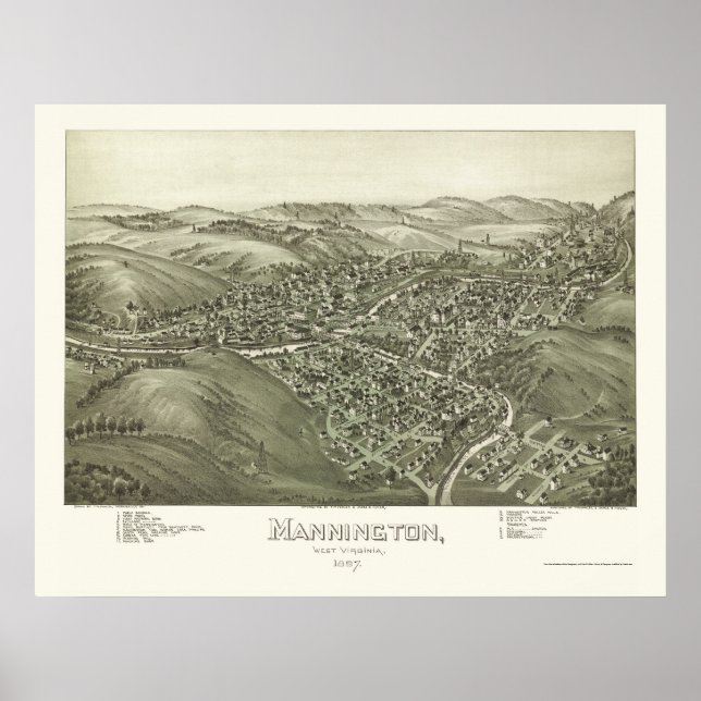 Póster Mannington, WV Mapa Panorámico - 1897 (Frente)