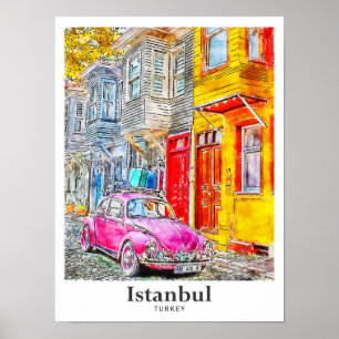 Póster Mano acuática de viaje de Estambul Turquía dibujad
