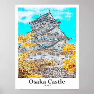 Póster Mano acuática de viaje del Castillo de Osaka Japón