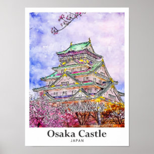 Póster Mano acuática de viaje del Castillo de Osaka Japón