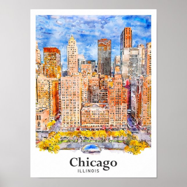 Póster Mano de acuarela de viaje de Chicago Illinois (Frente)