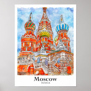 Póster Mano de color de agua de viaje de Moscú Rusia