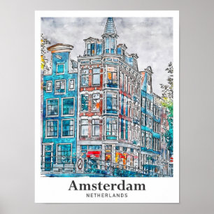 Póster Mano de color de agua para viajes de los Países Ba